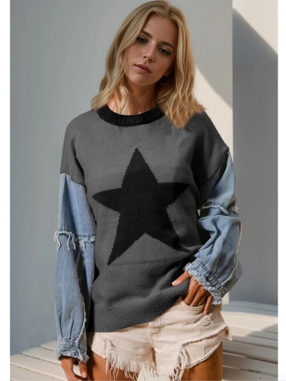 Gray Star Crewneck Sweater with Denim-Style Sleeves. NWT Size 2X